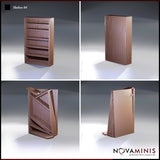 Novaminis Shelves 04 — four angles of the wooden shelf terrain: front view of open shelves, plain back panel, the unit tilted open to expose internal cross-bracing, and a rear three-quarter view of the opened configuration.