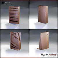Novaminis Shelves 04 — four angles of the wooden shelf terrain: front view of open shelves, plain back panel, the unit tilted open to expose internal cross-bracing, and a rear three-quarter view of the opened configuration.