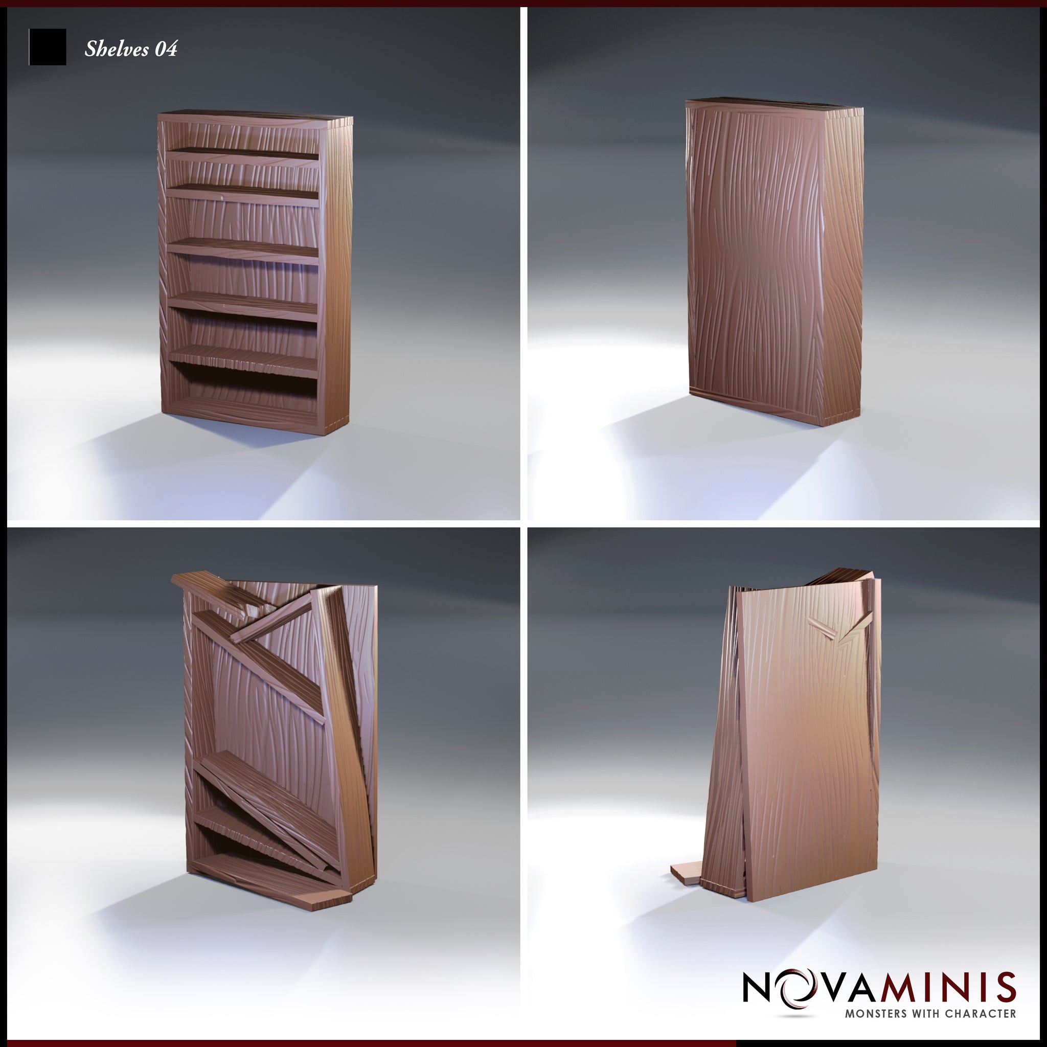 Novaminis Shelves 04 — four angles of the wooden shelf terrain: front view of open shelves, plain back panel, the unit tilted open to expose internal cross-bracing, and a rear three-quarter view of the opened configuration.