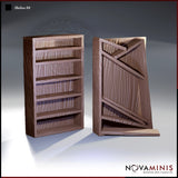 Novaminis Shelves 04 — two resin terrain pieces: a closed five-shelf wooden bookcase alongside the same unit opened outward, showing a cross-braced back panel suggesting a hidden door.