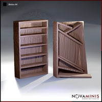 Novaminis Shelves 04 — two resin terrain pieces: a closed five-shelf wooden bookcase alongside the same unit opened outward, showing a cross-braced back panel suggesting a hidden door.