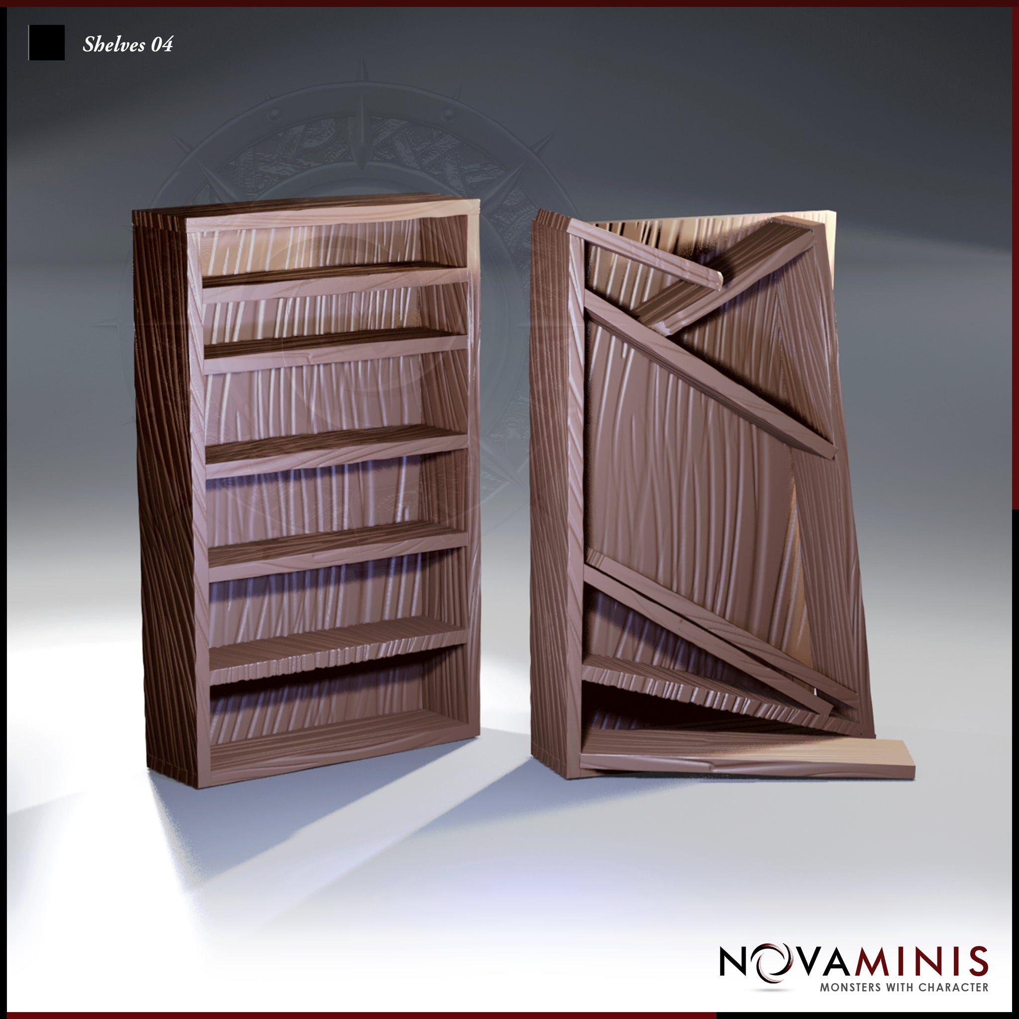 Novaminis Shelves 04 — two resin terrain pieces: a closed five-shelf wooden bookcase alongside the same unit opened outward, showing a cross-braced back panel suggesting a hidden door.