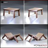 Four angles of the Novaminis Table 01 scatter terrain — two showing the intact table from different positions, two showing the toppled version with exposed underside bracing and broken edge detail.