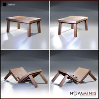 Four angles of the Novaminis Table 01 scatter terrain — two showing the intact table from different positions, two showing the toppled version with exposed underside bracing and broken edge detail.