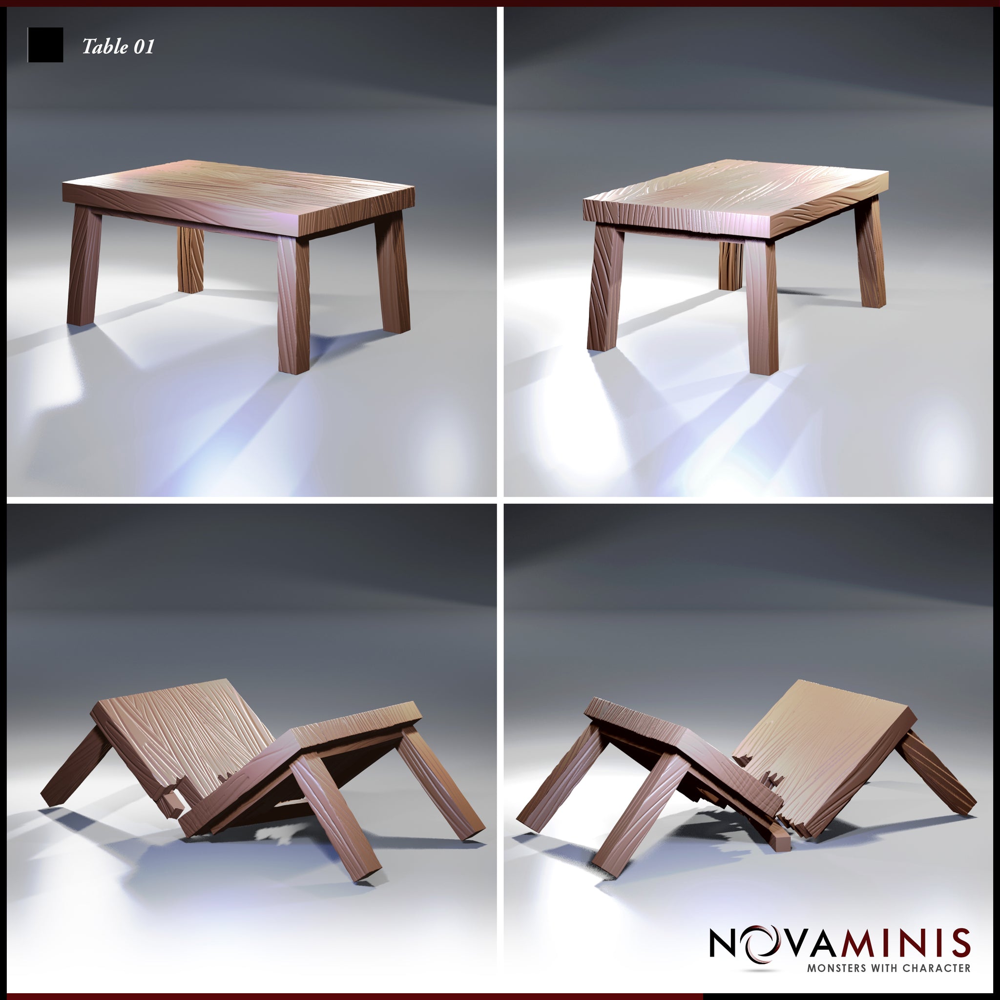 Four angles of the Novaminis Table 01 scatter terrain — two showing the intact table from different positions, two showing the toppled version with exposed underside bracing and broken edge detail.