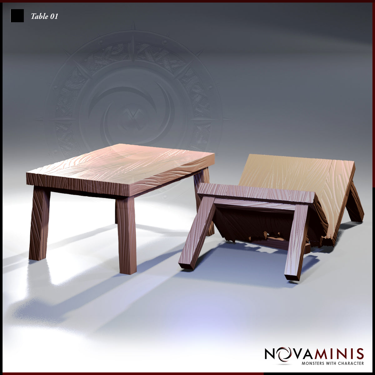 Two wooden table terrain pieces by Novaminis: one upright four-legged table with detailed wood grain, one dramatically overturned at an angle with chipped and splintered edge detail.