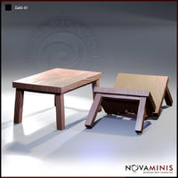 Two wooden table terrain pieces by Novaminis: one upright four-legged table with detailed wood grain, one dramatically overturned at an angle with chipped and splintered edge detail.