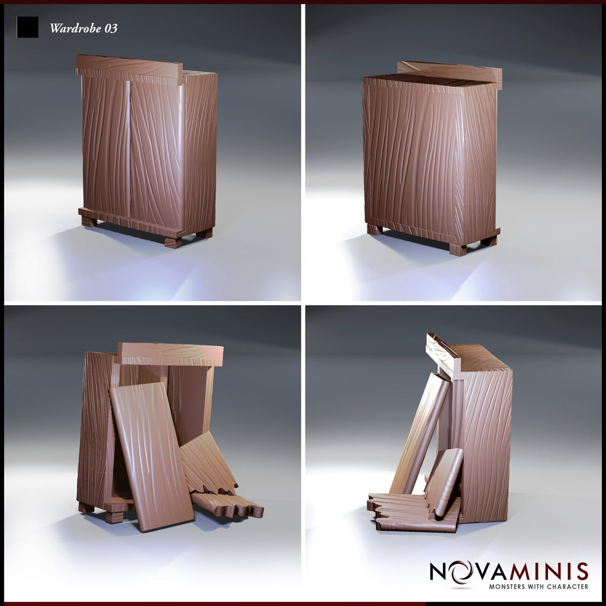 Novaminis Wardrobe 03 open/destroyed state shown from four angles, revealing the carcass split wide open, doors fallen forward, and crumpled fabric pooled across the floor.