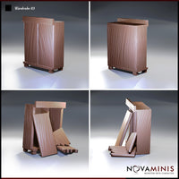 Novaminis Wardrobe 03 open/destroyed state shown from four angles, revealing the carcass split wide open, doors fallen forward, and crumpled fabric pooled across the floor.