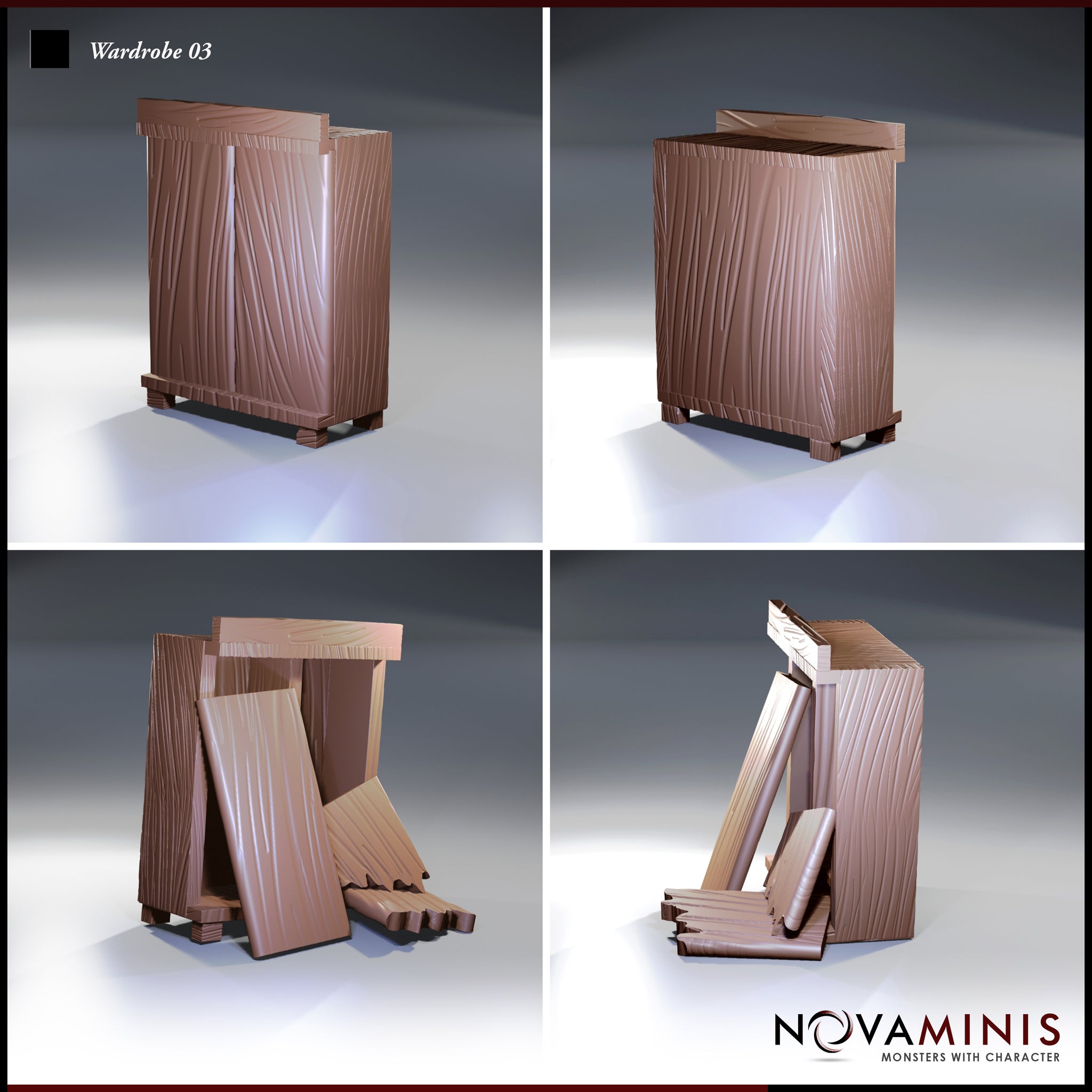 Novaminis Wardrobe 03 open/destroyed state shown from four angles, revealing the carcass split wide open, doors fallen forward, and crumpled fabric pooled across the floor.