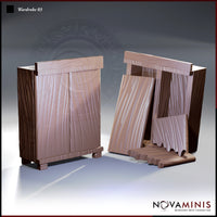 Novaminis Wardrobe 03 showing two states side by side: a closed tall wooden wardrobe with deep grain texture on the left, and the same wardrobe burst open with doors and fabric spilling forward on the right.