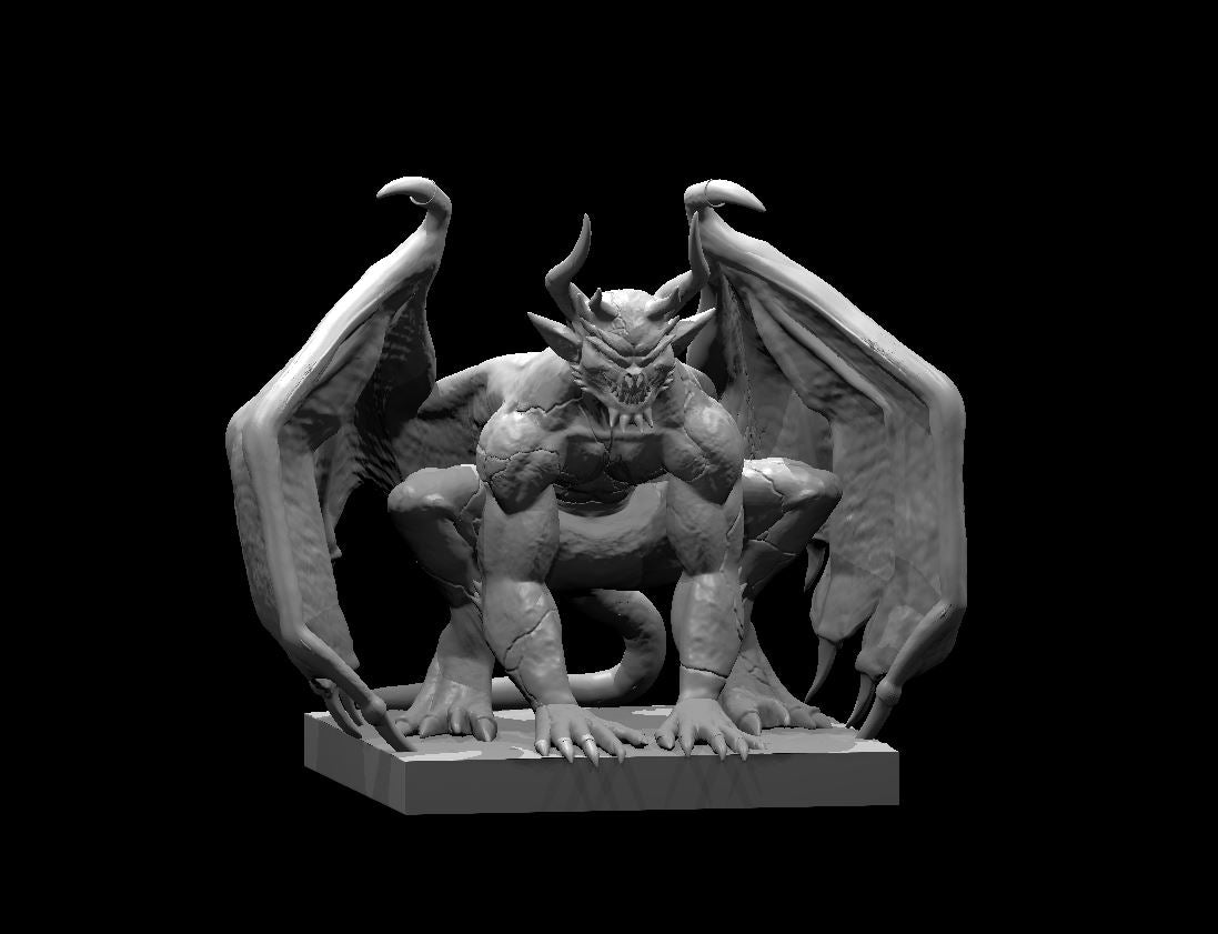 Grey resin digital render of a crouching gargoyle miniature at 32mm scale — wings spread wide with curved tips, two curved horns, clawed hands pressed to a square base, heavily textured stony chest, and a snarling downward-facing expression