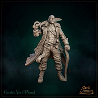 Bald, broad-shouldered male figure in an open naval coat, raising a heavy cutlass over one shoulder and gripping a cane in the other hand. Sculpt by Great Grimoire.