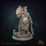 Rear view of Garruk Brinehook — showing full scaled fish detail draped over the figure's back, with fins and tail extending upward; a hooked anchor weapon visible at the hip; rope belt and tattered skirt visible below. Sculpt by Great Grimoire.