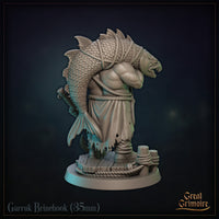 Garruk Brinehook sculpt from a three-quarter angle — muscular bare-chested figure gripping a large spiked polearm low, a massive fish slung over one shoulder, with detailed rope coils at the waist and a planked harbour base beneath. Sculpt by Great Grimoire.