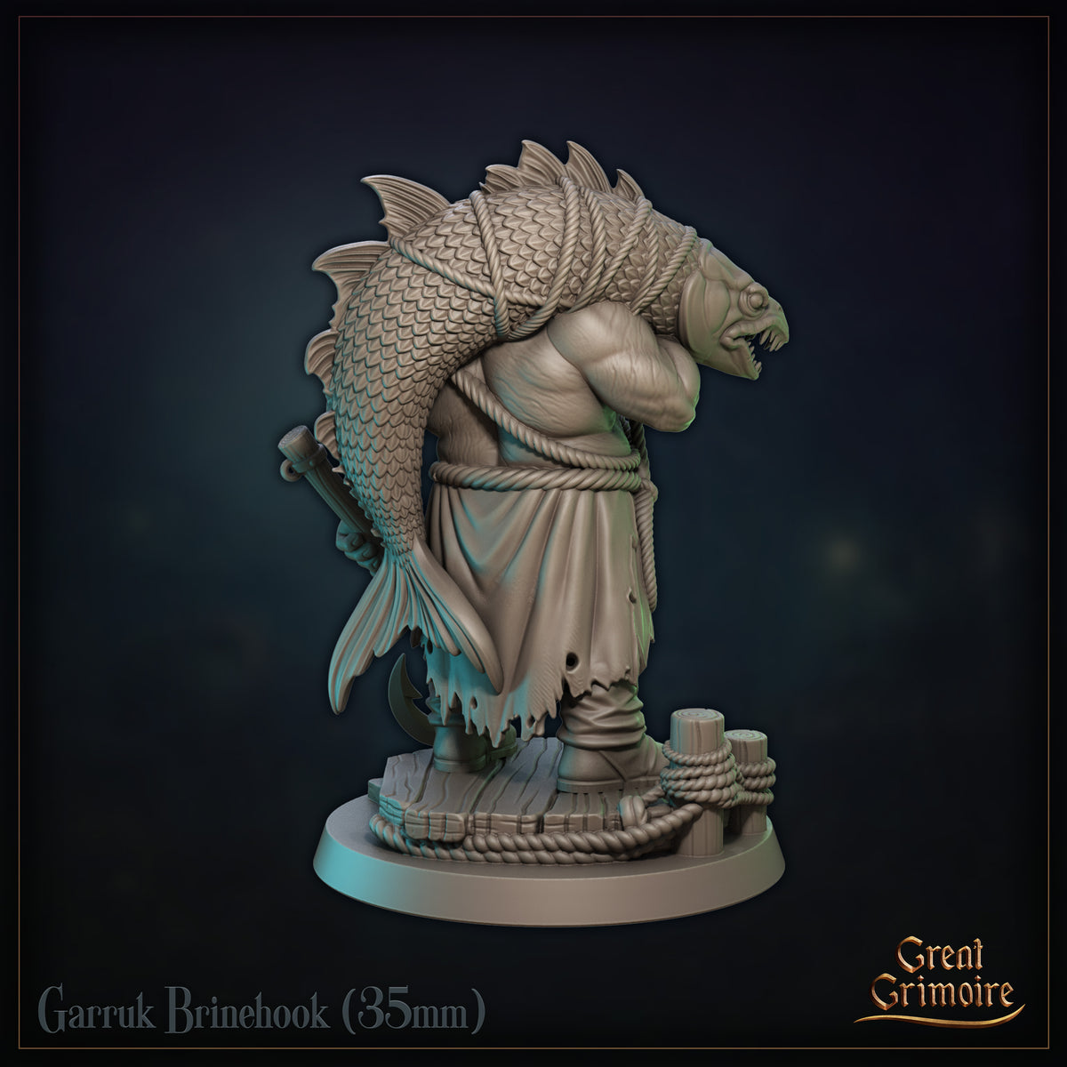 Garruk Brinehook sculpt from a three-quarter angle — muscular bare-chested figure gripping a large spiked polearm low, a massive fish slung over one shoulder, with detailed rope coils at the waist and a planked harbour base beneath. Sculpt by Great Grimoire.
