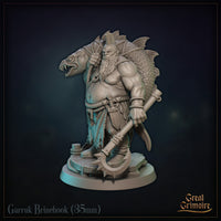 Garruk Brinehook miniature by Great Grimoire — broad-featured bearded figure in tattered clothing standing on a dockside scenic base, holding an oversized fish and a bladed polearm, with coiled rope and mooring posts at his feet.