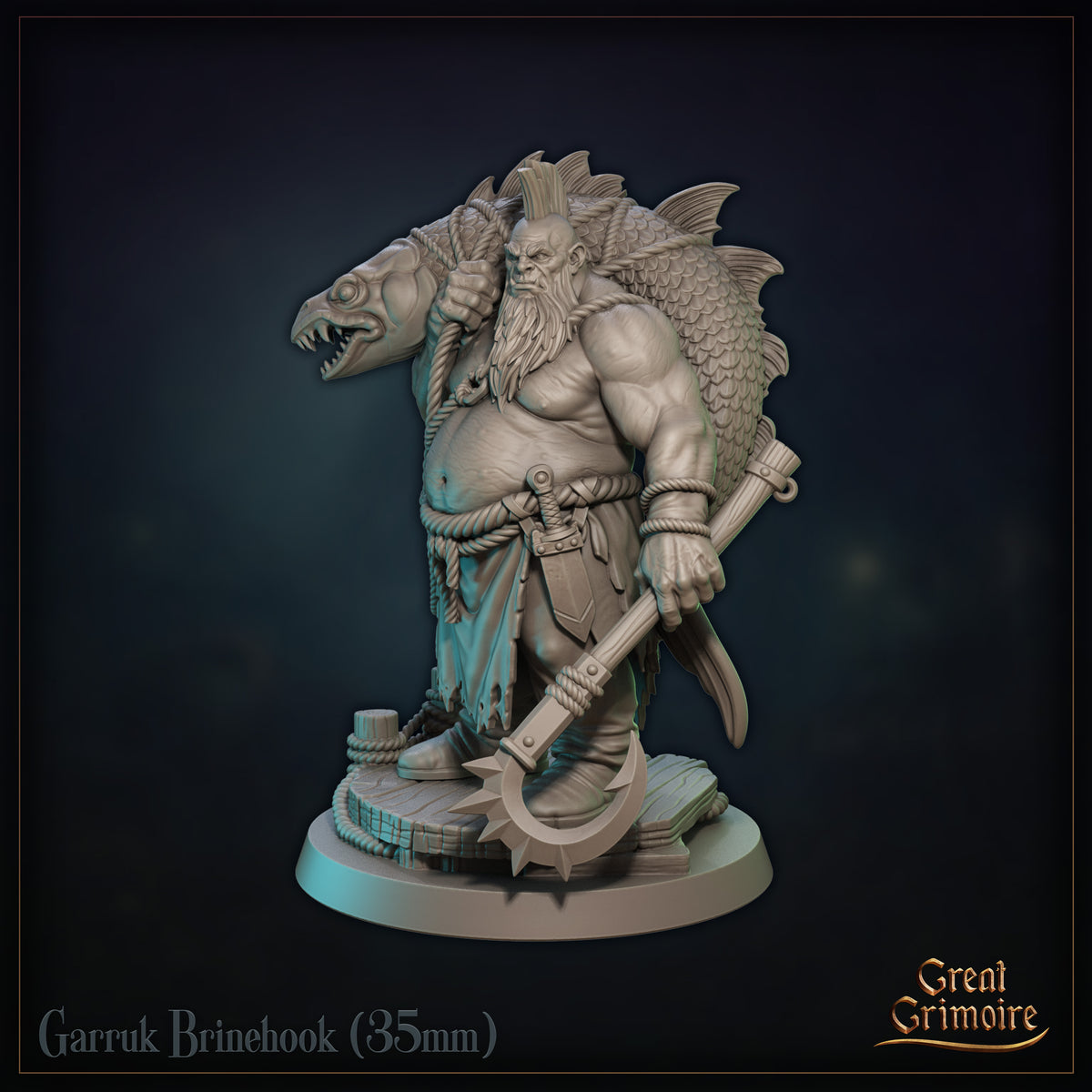 Garruk Brinehook miniature by Great Grimoire — broad-featured bearded figure in tattered clothing standing on a dockside scenic base, holding an oversized fish and a bladed polearm, with coiled rope and mooring posts at his feet.