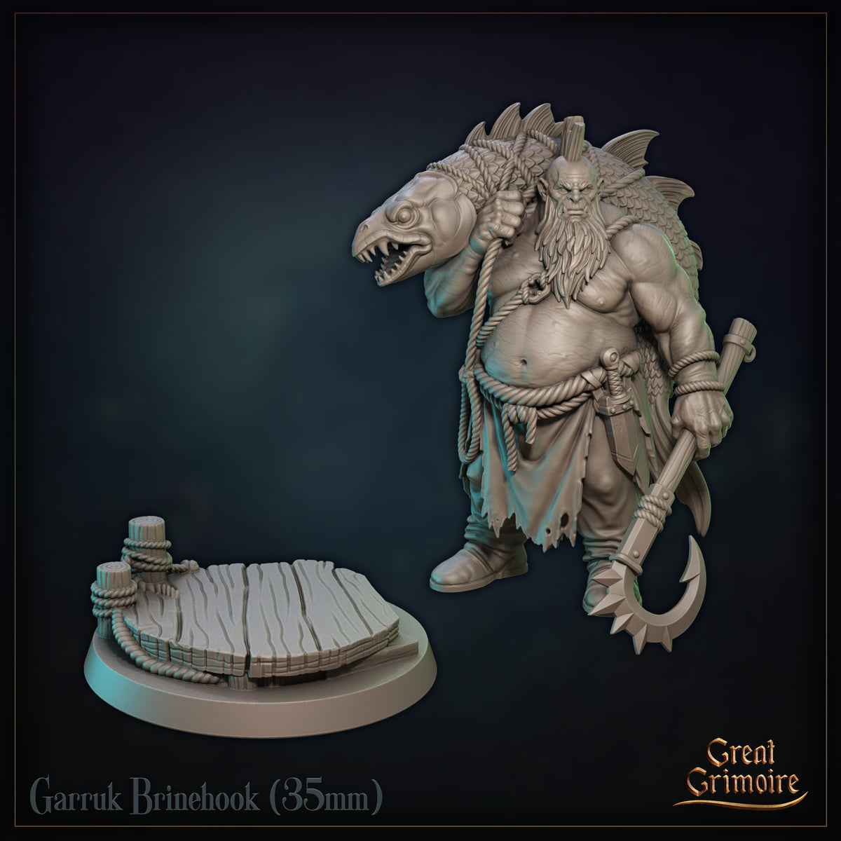 Garruk Brinehook by Great Grimoire — full sculpt showing rope-wrapped waist, fish trophy over shoulder, spiked weapon in hand, and detailed planked harbour base with bollards; heavy beard and mohawk prominent on a grim, weathered face.