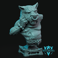 Digital render of the Gate Watcher bust by Witchsong Miniatures — a heavily scarred orc with a nose ring, beaded chain in raised fist, tally-mark chest scars, and a studded belt, mounted on a stone-style display plinth, shown in teal against a black background