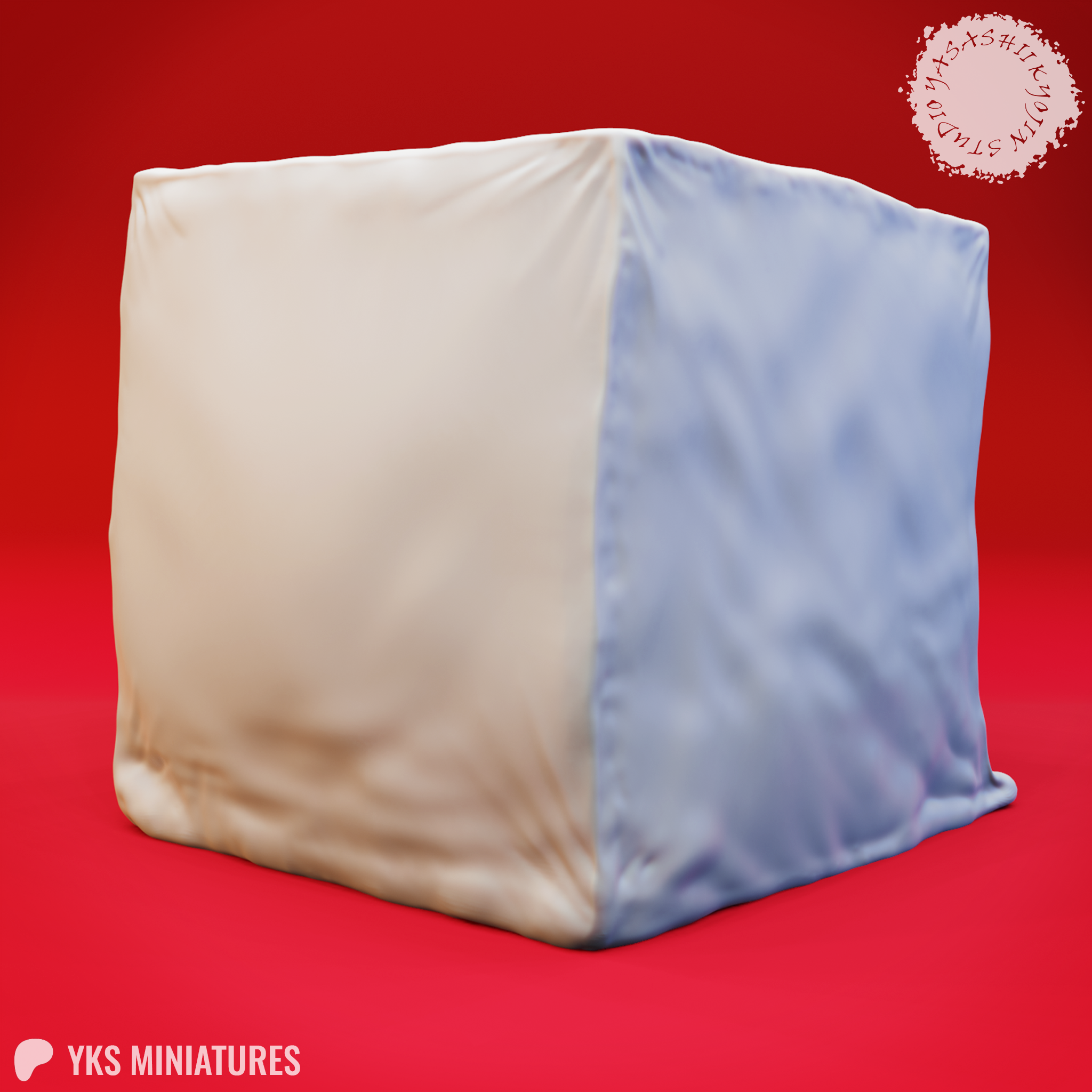 Digital render of a Gelatinous Cube miniature by Yasashii Kyojin Studios, showing a rounded cubic form with a tightly stretched membrane surface in cream and pale blue tones, viewed from a front-corner angle against a red background