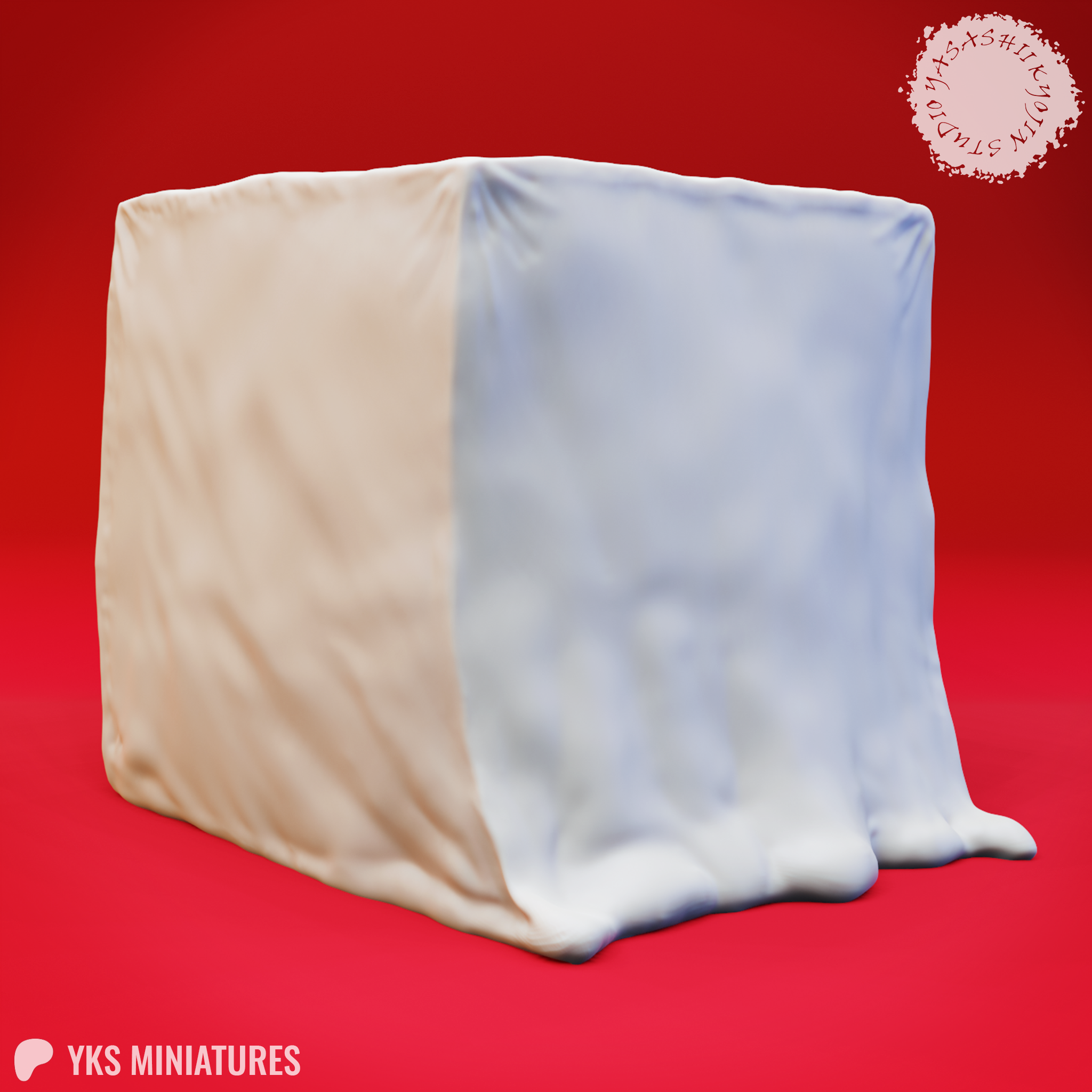 Digital render of a Gelatinous Cube miniature by Yasashii Kyojin Studios, showing a looser fabric-like drape with material pooling at the base, in cream and pale blue tones, viewed from a front-corner angle against a red background