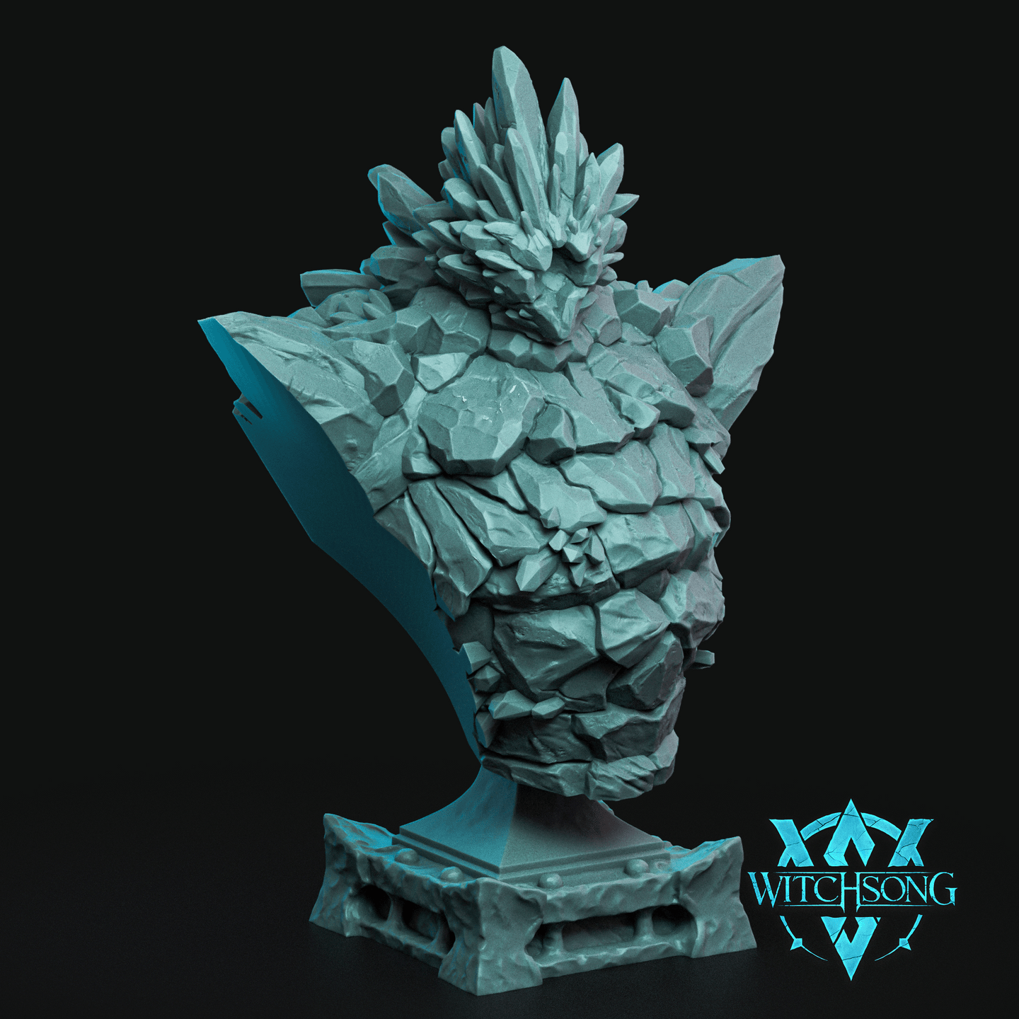 Digital render of the Gemstone Monstrosity display bust by Witchsong Miniatures — a large-scale unpainted resin bust depicting a rock-plated creature with fractured stone-shard skin, a low snarling face with deep-set eyes, and a dramatic crown of tall blade-like crystal formations erupting from the top of the head. The bust sits on a decorative riveted plinth. Rendered in teal-grey against a black background.