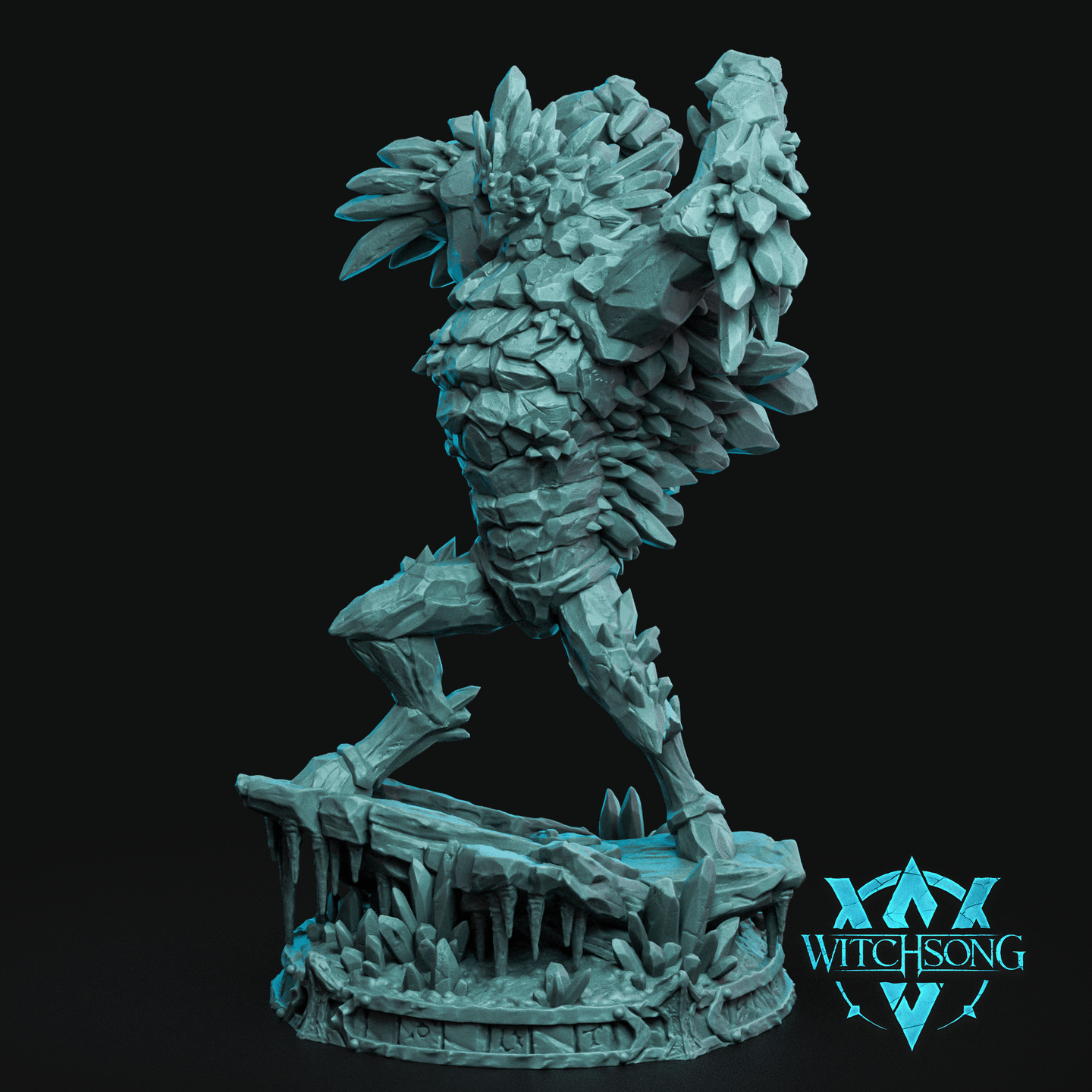 Digital render of the Gemstone Monstrosity miniature by Witchsong Miniatures — an unpainted teal resin sculpt of a hulking crystal elemental mid-lunge, one arm raised with a slab of stone, covered in jagged gemstone shards and crystal spines, mounted on a detailed cave base with stalactites and rune-carved stone edging