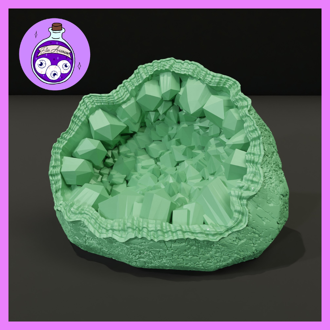Digital render of a hollow geode crystal terrain piece printed in mint green resin, showing a rough craggy outer shell split open to reveal a dense cluster of angular faceted crystals inside, displayed on a dark surface