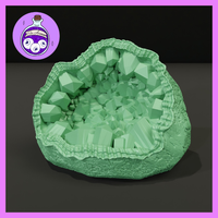Digital render of a hollow geode crystal terrain piece printed in mint green resin, showing a rough craggy outer shell split open to reveal a dense cluster of angular faceted crystals inside, displayed on a dark surface