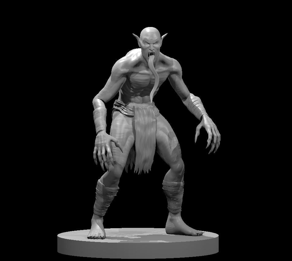 Grey resin digital render of a Ghast miniature at 32mm scale — a gaunt, muscular undead humanoid in a wide predatory crouch with elongated claws, pointed ears, forked tongue, and ragged cloth wrappings at the waist, wrists, and ankles, mounted on a flat round base