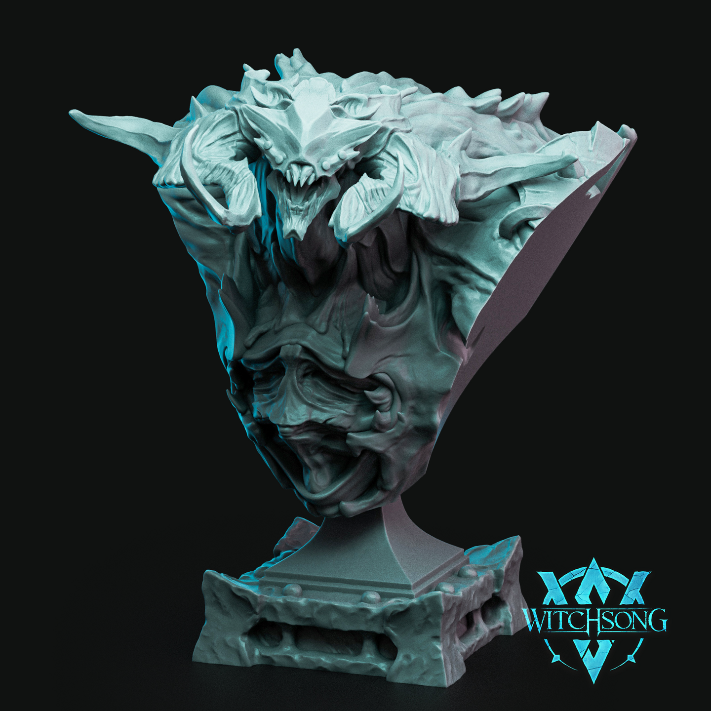 Digital render of the Ghel'kerot display bust by Witchsong Miniatures — an unpainted teal resin-coloured demonic bust showing a snarling open-mouthed demon with swept horns, deeply creased flesh, and a crown of writhing smaller demonic skulls and horned creatures fused into the top of the head, mounted on a sculpted stone plinth base, shown against a black background
