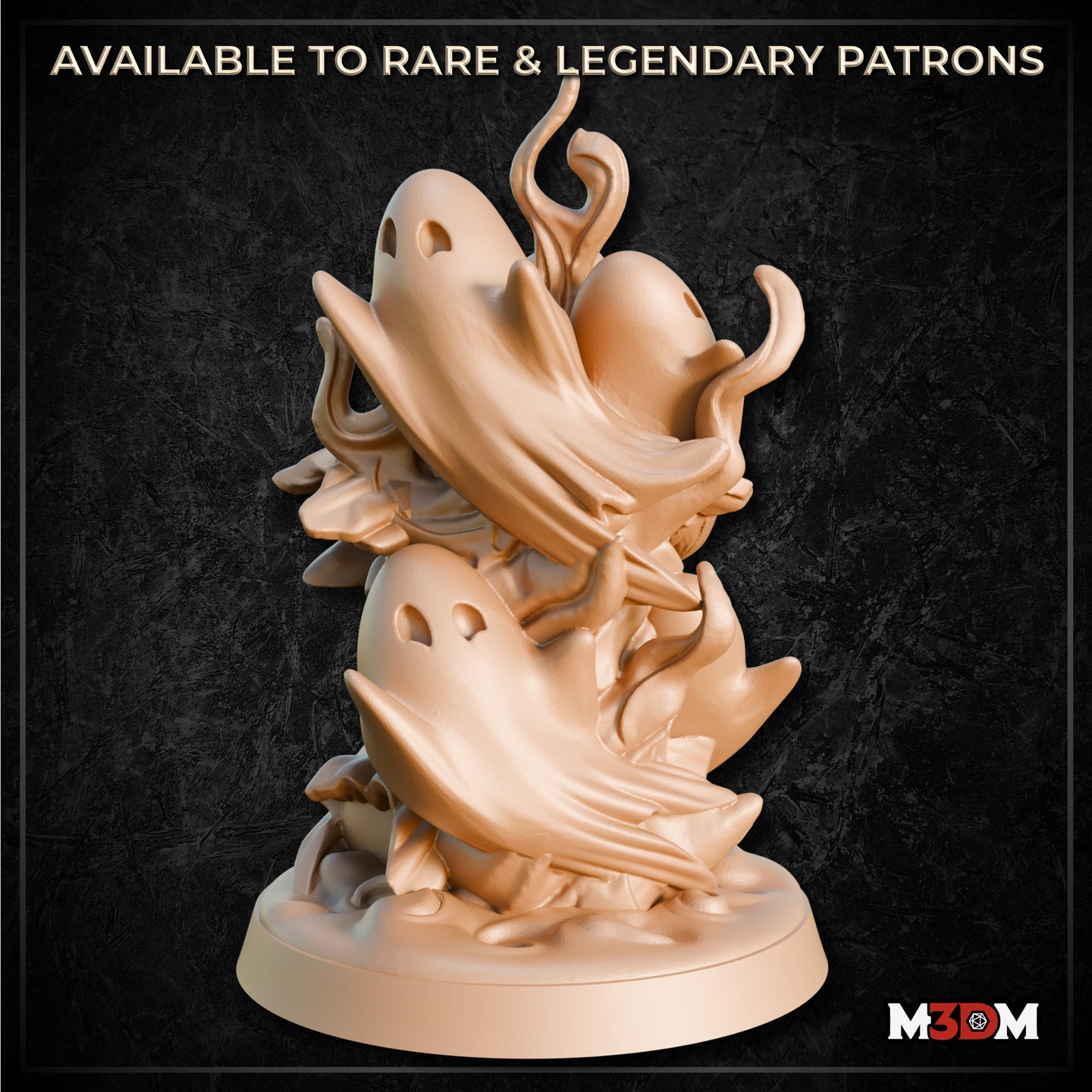 Unprimed beige resin render of the Ghost Swarm miniature, showing multiple spectral ghost forms intertwined with trailing shrouds and ectoplasmic wisps, mounted on a round base