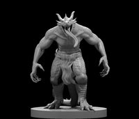 Unpainted grey resin 3D printed miniature of a Dragonborn Ghoul at 32mm scale — a broad, scaled humanoid with a horned draconic head, jaw open wide with a long tongue extended, clawed hands lowered at its sides, wearing a simple wrapped loincloth, posed in a forward-leaning stalking stance on a round base