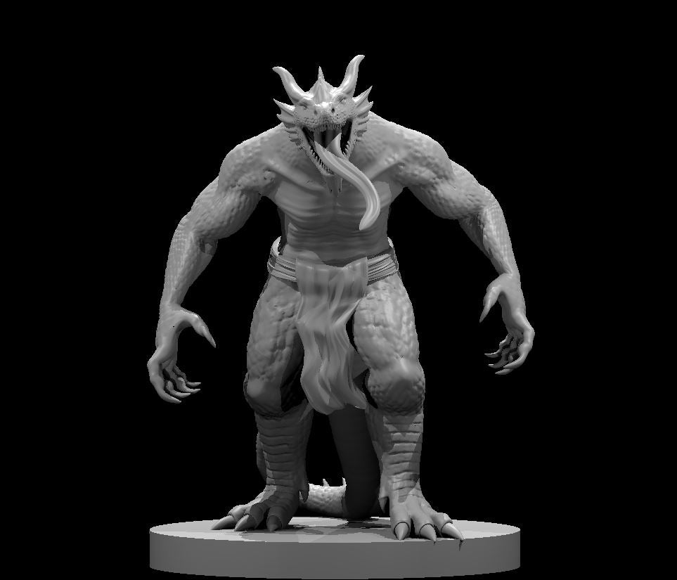 Unpainted grey resin 3D printed miniature of a Dragonborn Ghoul at 32mm scale — a broad, scaled humanoid with a horned draconic head, jaw open wide with a long tongue extended, clawed hands lowered at its sides, wearing a simple wrapped loincloth, posed in a forward-leaning stalking stance on a round base