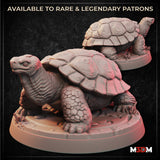 Digital render of two Giant Tortoise miniatures shown from different angles, displaying the domed sculpted shell with detailed scute patterning, scaled legs, and textured neck. Both are mounted on round scenic bases with grass and rock details. Unpainted grey render by M3DM.
