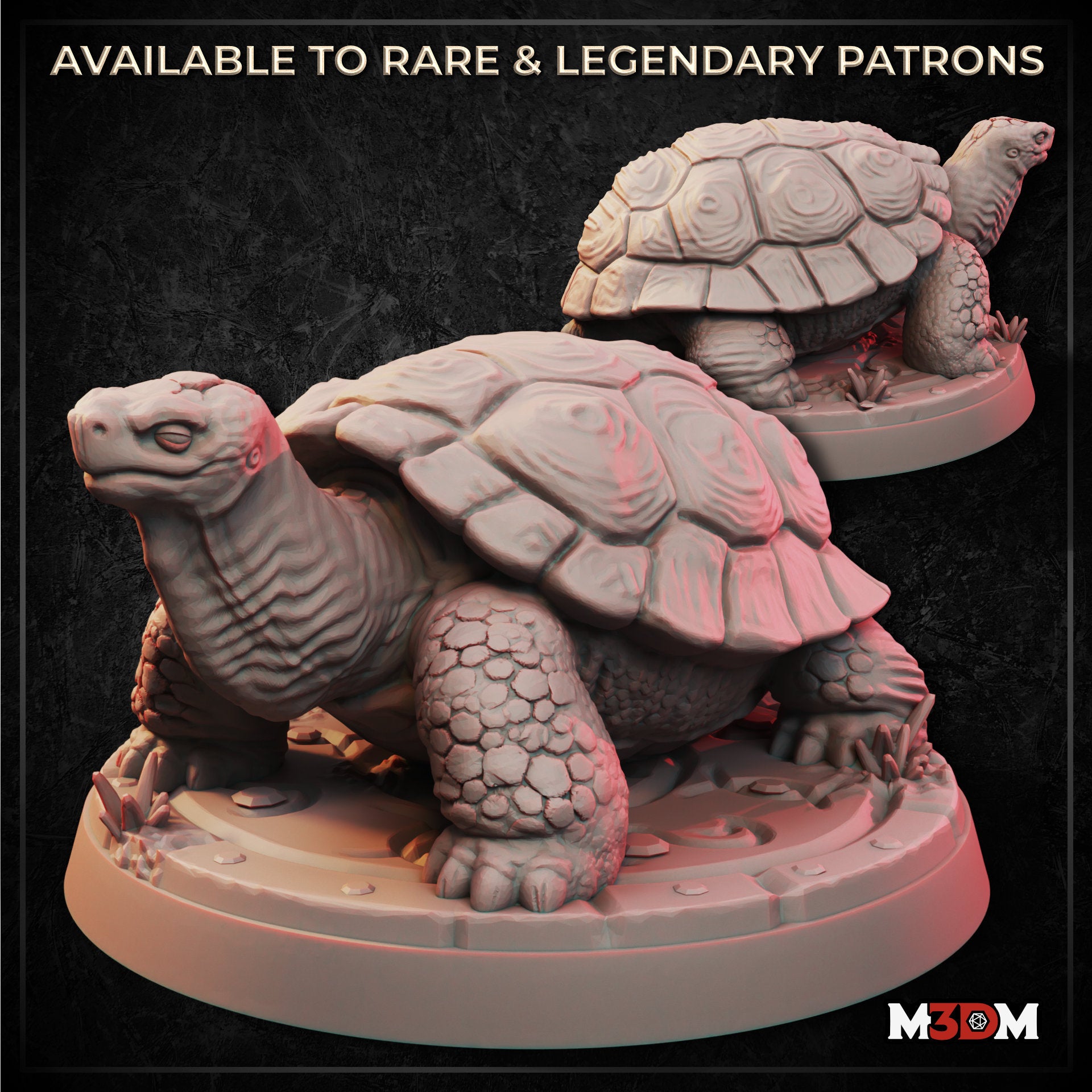 Digital render of two Giant Tortoise miniatures shown from different angles, displaying the domed sculpted shell with detailed scute patterning, scaled legs, and textured neck. Both are mounted on round scenic bases with grass and rock details. Unpainted grey render by M3DM.