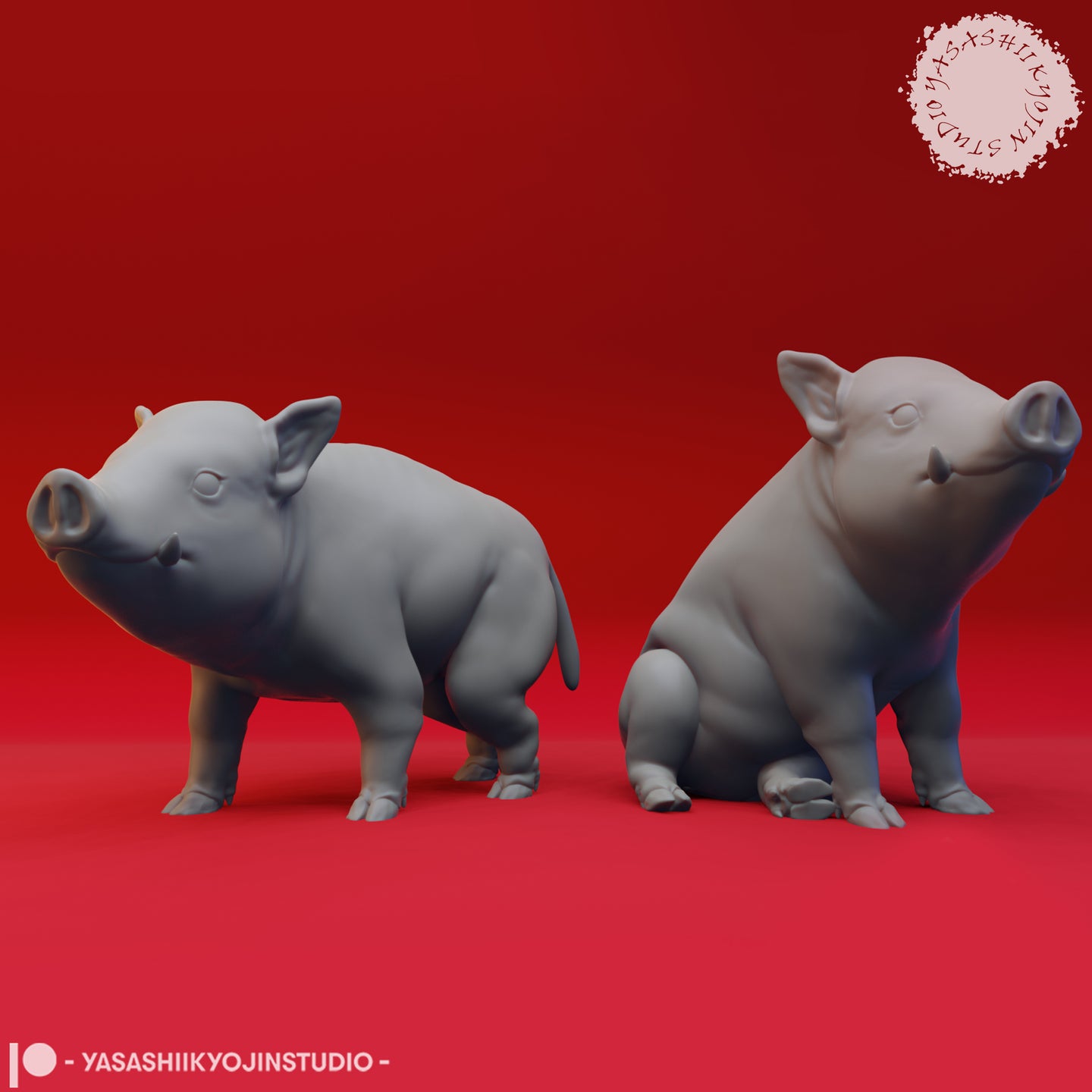 Two unpainted grey resin pig miniatures from Yasashii Kyojin Studio — one standing with a low belly and sideways glance, one seated with snout raised, both on a red background