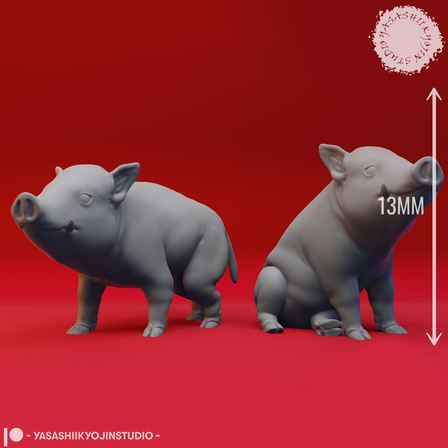 Two unpainted grey resin pig miniatures shown with a 13mm height reference arrow — standing and seated poses, sculpted with soft naturalistic detail, on a red background