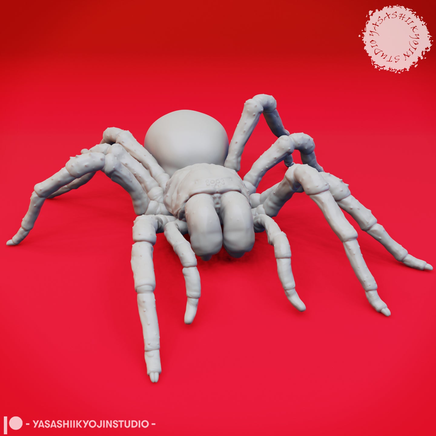 Front-facing digital render of an unpainted grey giant spider miniature at 32mm scale, showing wide-spread segmented legs, prominent fangs, and a rounded abdomen — sculpted by Yasashii Kyojin Studio