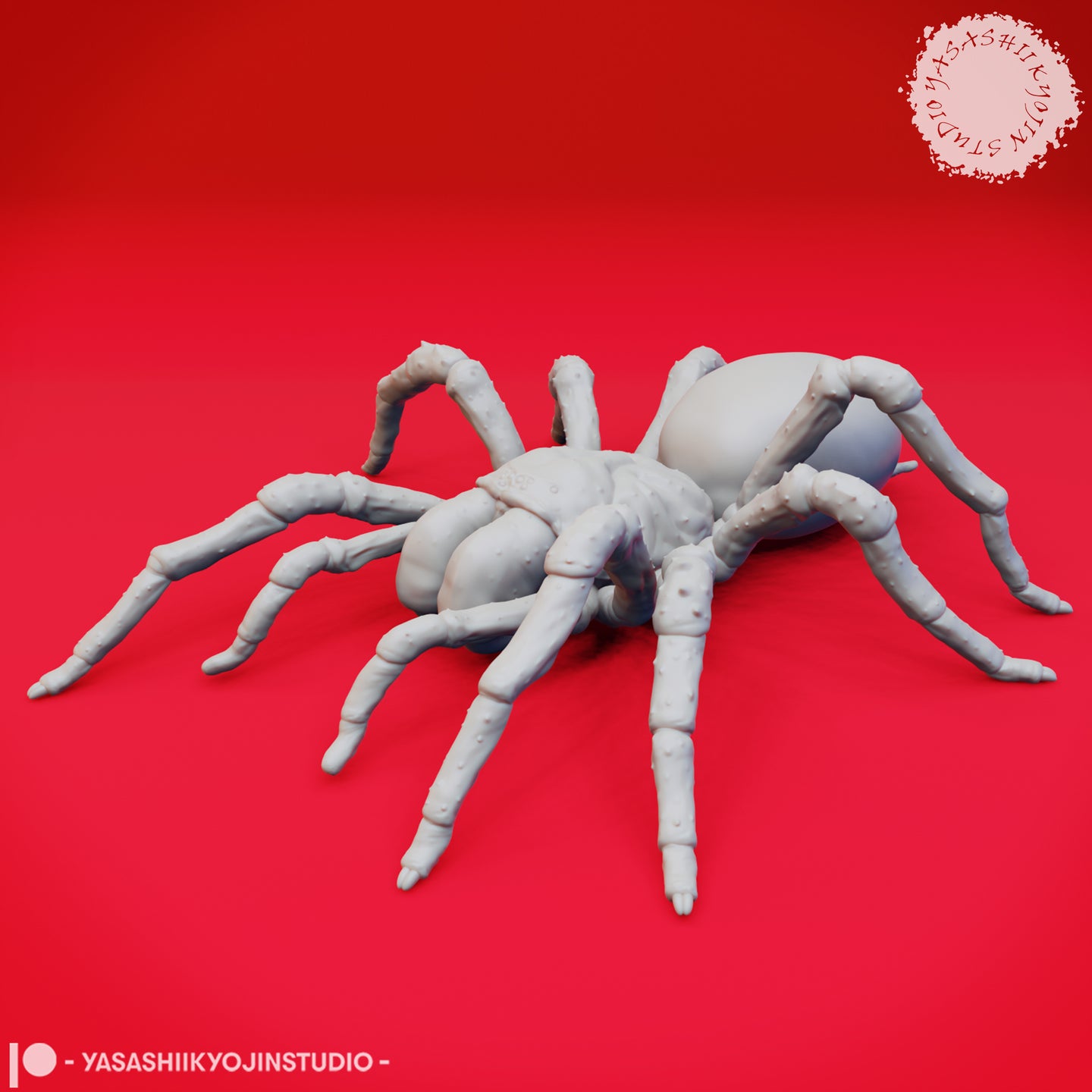 Side-angle digital render of the giant spider miniature showing the swollen egg-sac abdomen, spiny jointed legs spread low, and surface texture across the cephalothorax — unpainted grey resin display