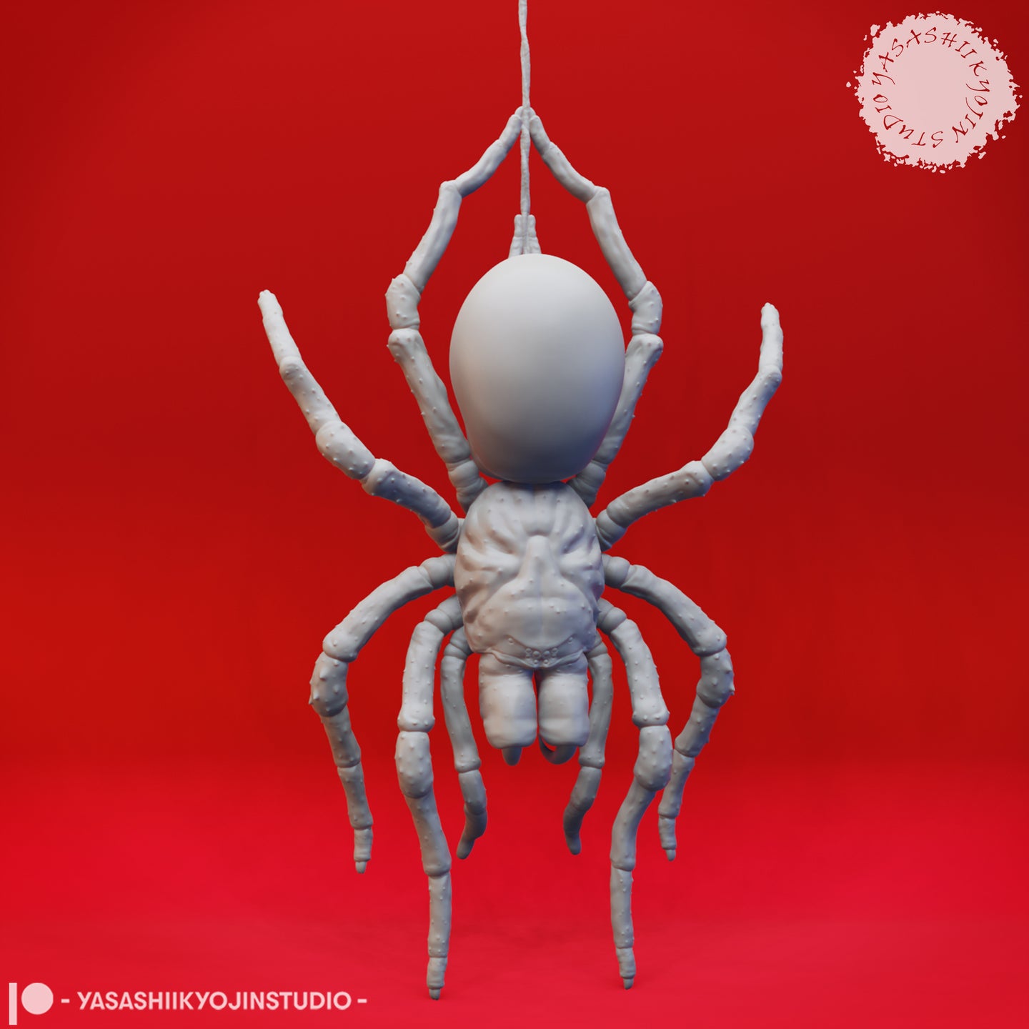 Grey resin digital render of Giant Spider 04 miniature by Yasashii Kyojin Studio — front view showing the spider suspended on a silk thread, eight segmented legs splayed wide, swollen abdomen hanging below a smooth dome-shaped cephalothorax, with a fused facial detail visible on the underside of the body