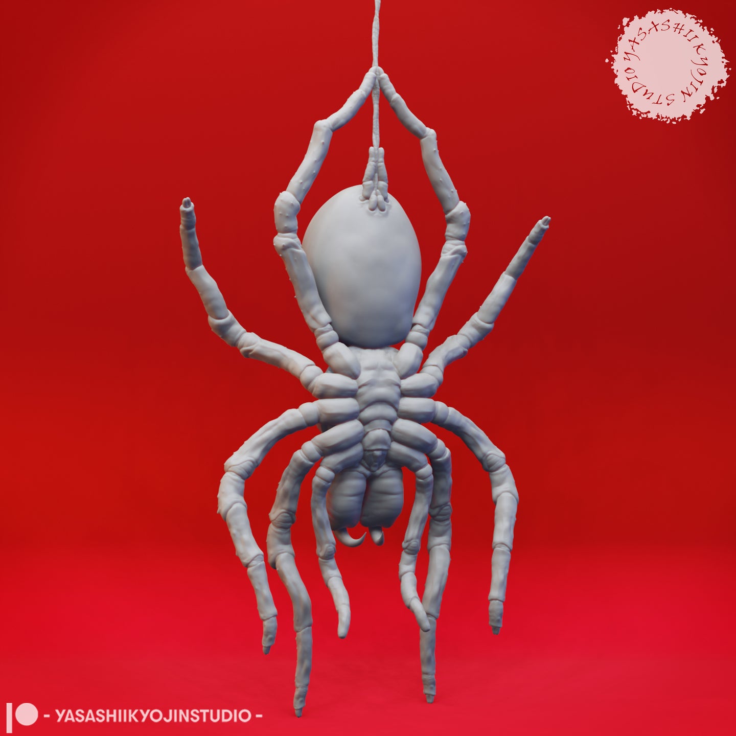 Grey resin digital render of Giant Spider 04 miniature — rear three-quarter view showing the full span of eight jointed, textured legs with chitin-like segmentation, the rounded upper cephalothorax, and the large hanging abdomen with facial features visible beneath