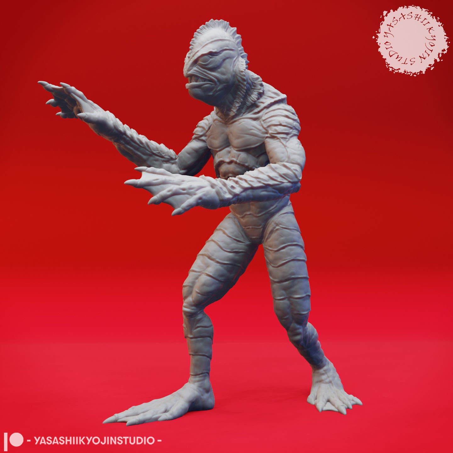 Unpainted grey resin digital render of the Gil-Man sea creature miniature, pose 02 — three-quarter side view showing the creature leaning forward with both fin-bladed arms extended low and outward, fish-like face in profile with open jaw