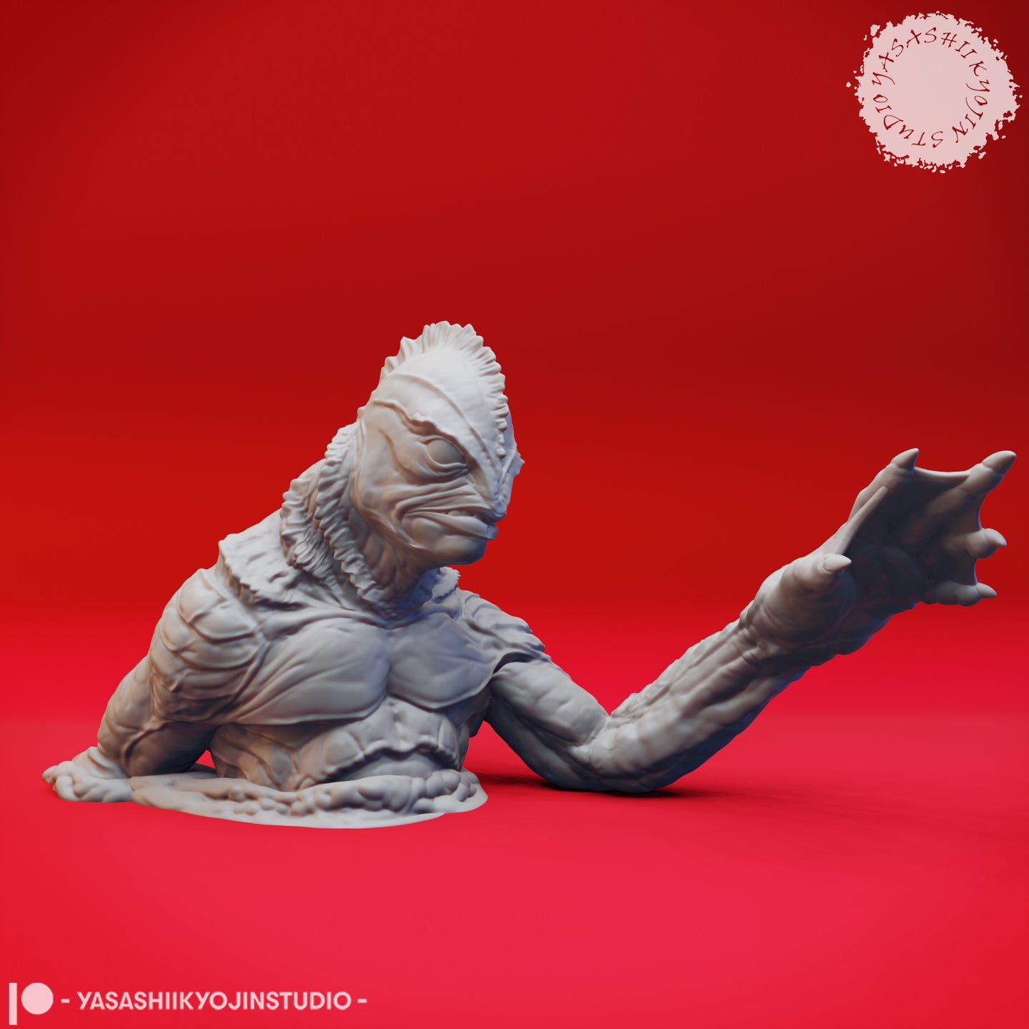 Side-angle render of the Gil-Man 02 miniature showing its amphibian face in profile, prominent gill-frills at the neck, heavily muscled scaled body, and outstretched webbed clawed hand reaching to the right