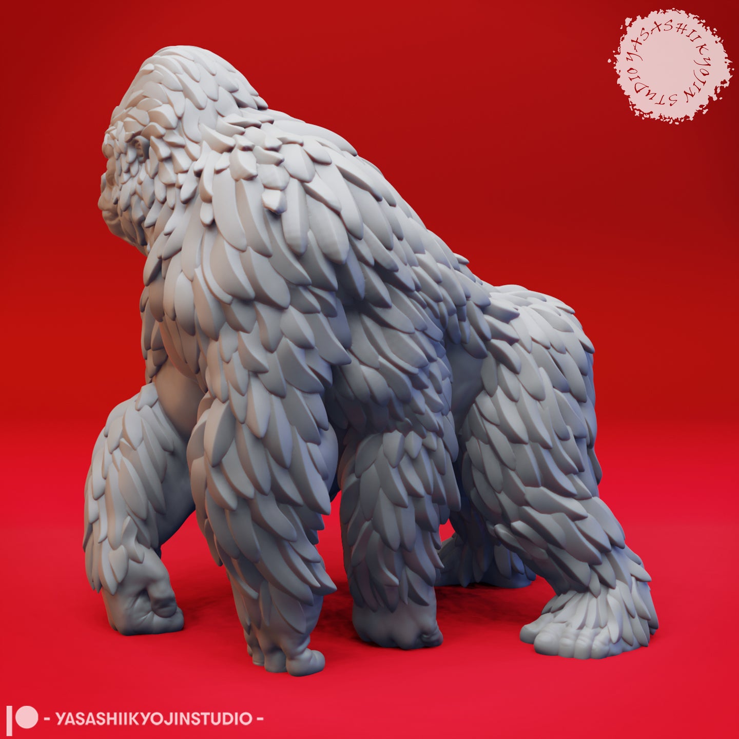 Rear three-quarter view of the unpainted grey resin Girallon miniature, showing the dense layered fur texture covering the back, shoulders, and haunches in fine detail