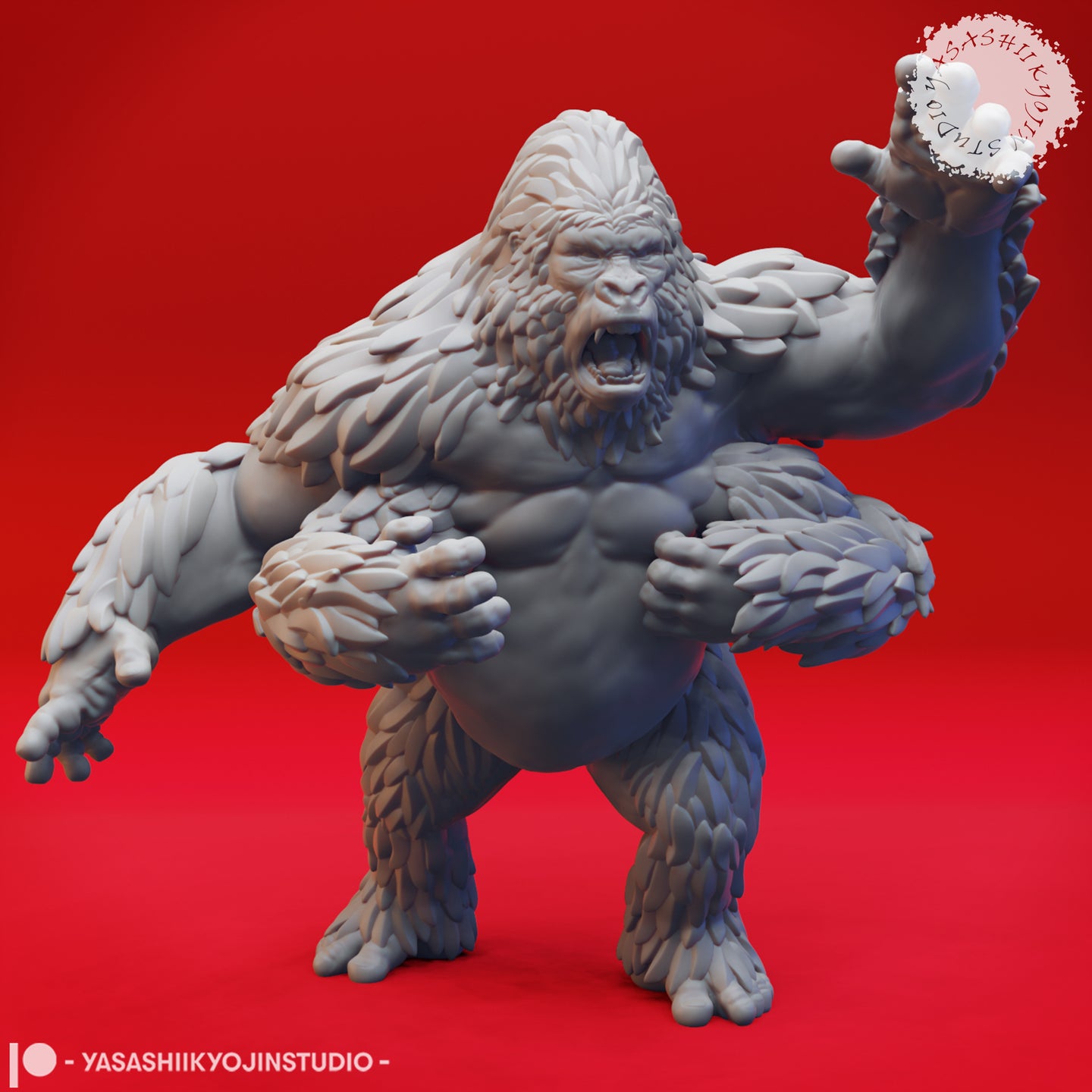 Digital render of the Girallon 02 miniature by Yasashii Kyojin Studio — a massive four-armed ape creature in grey, mouth open in a roar, one arm raised high with the other three spread wide in an aggressive stance, shown from the front-left angle
