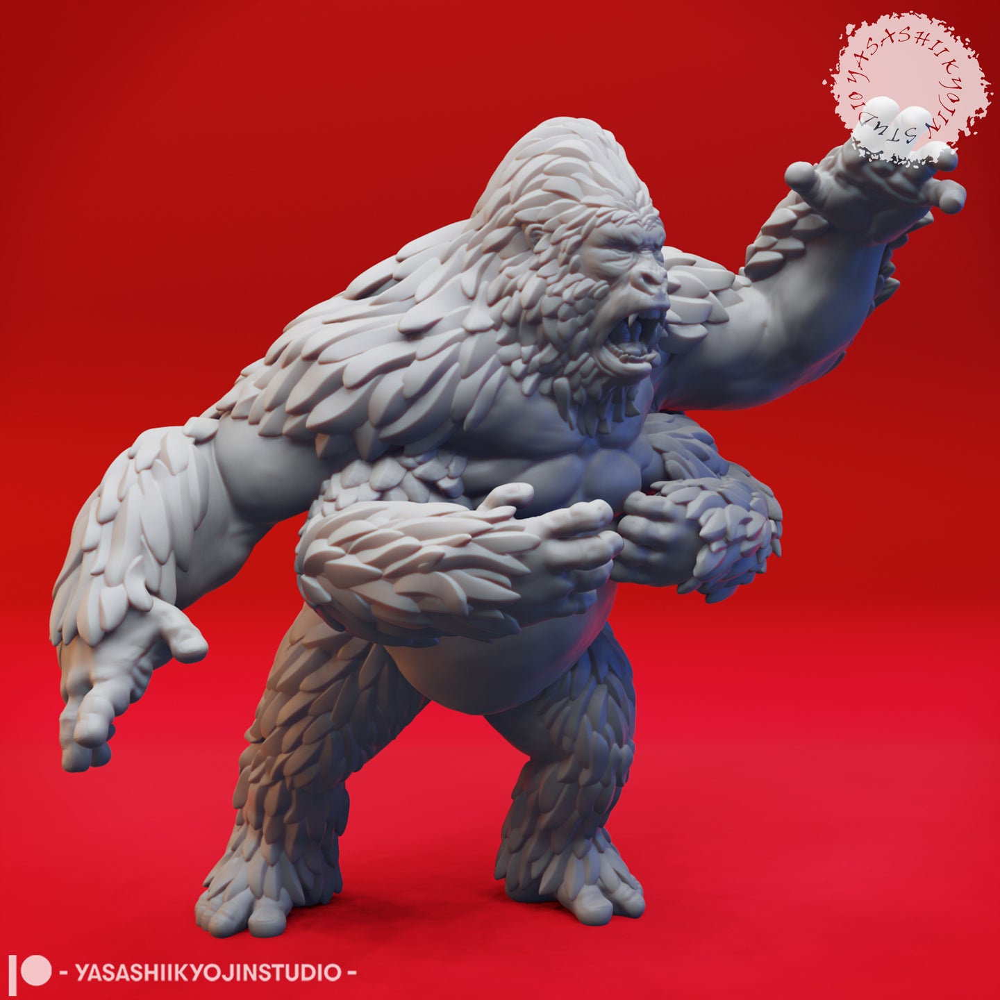 Digital render of the Girallon 02 miniature by Yasashii Kyojin Studio — rear three-quarter view showing the creature's broad back covered in scale-like layered fur, raised right arm extended upward, snarling expression visible in profile