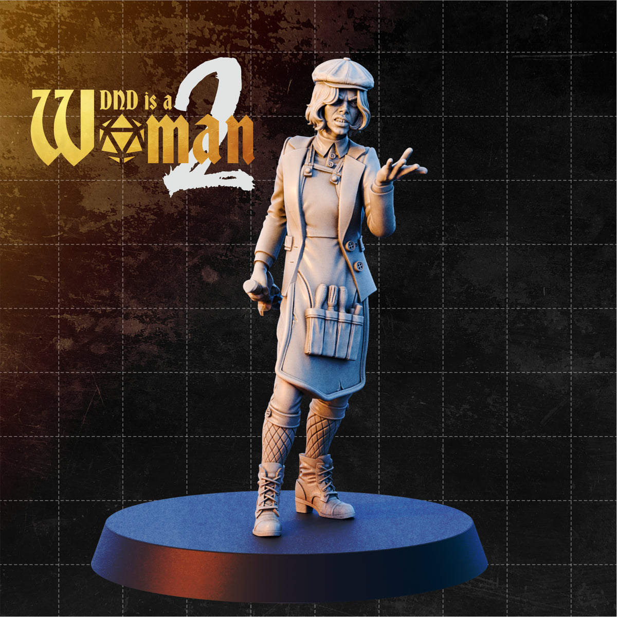 Female Gith engineer standing upright, one hand raised mid-gesture, the other lowered holding a small item. Long open coat, flat cap, quilted boots, tool-filled hip pocket. Sculpt by DnD Is A Woman.