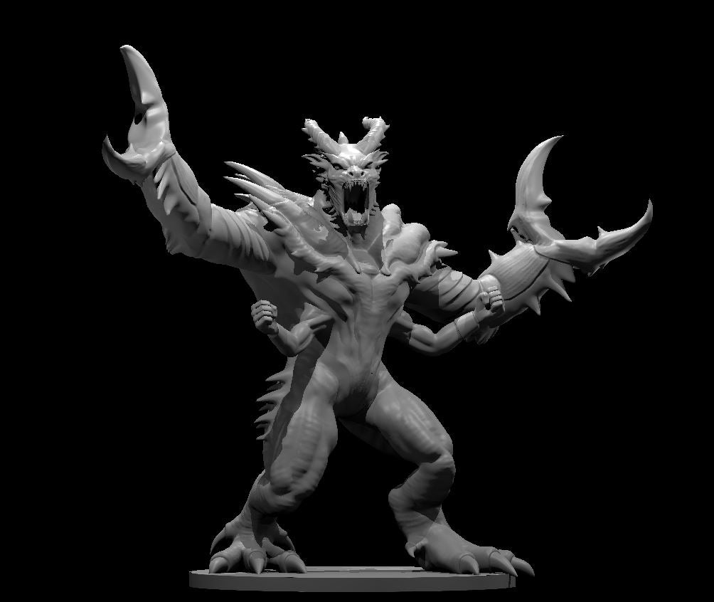 Unpainted grey resin 3D printed Glabrezu miniature in a dynamic roaring pose, arms raised with large pincer claws spread wide, draconic horned head with open jaws, ridged spines along forearms, heavily muscled body, on a plain round base — front three-quarter view